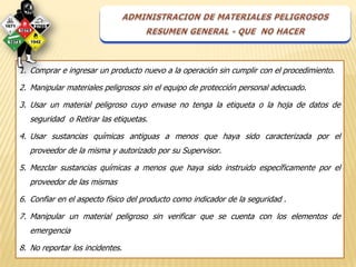 1. Comprar e ingresar un producto nuevo a la operación sin cumplir con el procedimiento.

2. Manipular materiales peligrosos sin el equipo de protección personal adecuado.

3. Usar un material peligroso cuyo envase no tenga la etiqueta o la hoja de datos de
   seguridad o Retirar las etiquetas.

4. Usar sustancias químicas antiguas a menos que haya sido caracterizada por el
   proveedor de la misma y autorizado por su Supervisor.

5. Mezclar sustancias químicas a menos que haya sido instruido específicamente por el
   proveedor de las mismas

6. Confiar en el aspecto físico del producto como indicador de la seguridad .

7. Manipular un material peligroso sin verificar que se cuenta con los elementos de
   emergencia

8. No reportar los incidentes.
 