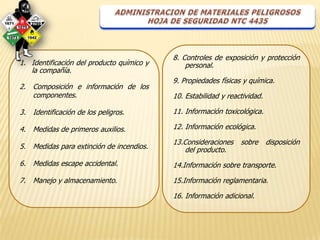 8. Controles de exposición y protección
1. Identificación del producto químico y       personal.
   la compañía.
                                           9. Propiedades físicas y química.
2. Composición e información de los
   componentes.                            10. Estabilidad y reactividad.

3. Identificación de los peligros.         11. Información toxicológica.

4. Medidas de primeros auxilios.           12. Información ecológica.

                                           13.Consideraciones    sobre      disposición
5. Medidas para extinción de incendios.       del producto.
6. Medidas escape accidental.              14.Información sobre transporte.

7. Manejo y almacenamiento.                15.Información reglamentaria.

                                           16. Información adicional.
 