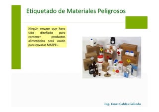 Ningún envase que haya
sido diseñado para
contener productos
alimenticios será usado
para envasar MATPEL.
Etiquetado de Materiales Peligrosos
 