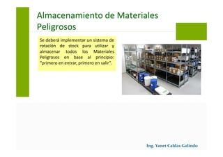 Se deberá implementar un sistema de
rotación de stock para utilizar y
almacenar todos los Materiales
Peligrosos en base al principio:
“primero en entrar, primero en salir”.
Almacenamiento de Materiales
Peligrosos
 