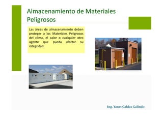 Las áreas de almacenamiento deben
proteger a los Materiales Peligrosos
del clima, el calor o cualquier otro
agente que pueda afectar su
integridad.
Almacenamiento de Materiales
Peligrosos
 