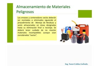 Los envases y contenedores vacíos deberán
ser reciclados o eliminados siguiendo el
procedimiento de Manejo de Residuos y
serán almacenados en áreas designadas
hasta su eliminación final o reciclaje. Se
deberá tener cuidado de no mezclar
materiales incompatibles aunque sean
considerados “vacíos”.
Almacenamiento de Materiales
Peligrosos
 