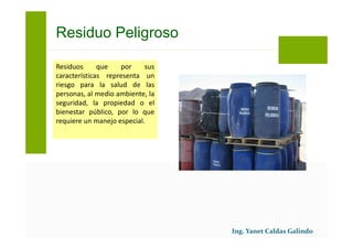 Residuos que por sus
características representa un
riesgo para la salud de las
personas, al medio ambiente, la
seguridad, la propiedad o el
bienestar público, por lo que
requiere un manejo especial.
Residuo Peligroso
 