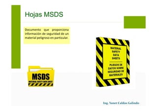 Documento que proporciona
información de seguridad de un
material peligroso en particular.
Hojas MSDS
 