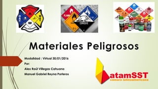 Materiales Peligrosos
Modalidad : Virtual 30/01/2016
Por:
Alex Raúl Villegas Cahuana
Manuel Gabriel Reyna Porteros
 