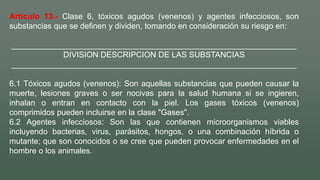 Artículo 13.- Clase 6, tóxicos agudos (venenos) y agentes infecciosos, son
substancias que se definen y dividen, tomando en consideración su riesgo en:
________________________________________________________________
DIVISION DESCRIPCION DE LAS SUBSTANCIAS
________________________________________________________________
6.1 Tóxicos agudos (venenos): Son aquellas substancias que pueden causar la
muerte, lesiones graves o ser nocivas para la salud humana si se ingieren,
inhalan o entran en contacto con la piel. Los gases tóxicos (venenos)
comprimidos pueden incluirse en la clase "Gases".
6.2 Agentes infecciosos: Son las que contienen microorganismos viables
incluyendo bacterias, virus, parásitos, hongos, o una combinación híbrida o
mutante; que son conocidos o se cree que pueden provocar enfermedades en el
hombre o los animales.
 