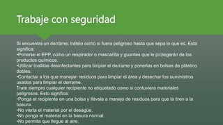 Trabaje con seguridad
Si encuentra un derrame, trátelo como si fuera peligroso hasta que sepa lo que es. Esto
significa:
•Ponerse el EPP, como un respirador o mascarilla y guantes que le protegerán de los
productos químicos.
•Utilizar toallitas desinfectantes para limpiar el derrame y ponerlas en bolsas de plástico
dobles.
•Contactar a los que manejan residuos para limpiar el área y desechar los suministros
usados para limpiar el derrame.
Trate siempre cualquier recipiente no etiquetado como si contuviera materiales
peligrosos. Esto significa:
•Ponga el recipiente en una bolsa y llévela a manejo de residuos para que la tiren a la
basura.
•No vierta el material por el desagüe.
•No ponga el material en la basura normal.
•No permita que llegue al aire.
 