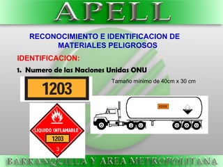 IDENTIFICACION:
1. Numero de las Naciones Unidas ONU
RECONOCIMIENTO E IDENTIFICACION DE
MATERIALES PELIGROSOS
Tamaño mínimo de 40cm x 30 cm
3
 