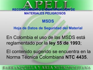 RECONOCIMIENTO E IDENTIFICACION DE
MATERIALES PELIGROSOS
MSDS
Hoja de Datos de Seguridad del Material
En Colombia el uso de las MSDS está
reglamentado por la ley 55 de 1993;
El contenido sugerido se encuentra en la
Norma Técnica Colombiana NTC 4435.
 