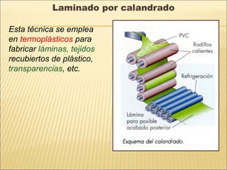 Laminado por calandrado
Esta técnica se emplea
en termoplásticos para
fabricar láminas, tejidos
recubiertos de plástico,
transparencias, etc.
 