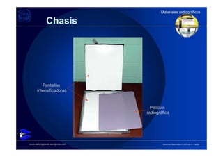 Materiales radiográficos
                                          Materiales radiográficos

              Chasis




         Pantallas
      intensificadoras



                                     Película
                                   radiográfica




www.radiologiaoral.wordpress.com           Derechos Reservados © 2009 por A. Padilla
 
