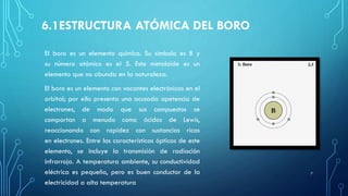 6.1ESTRUCTURA ATÓMICA DEL BORO
El boro es un elemento químico. Su símbolo es B y
su número atómico es el 5. Este metaloide es un
elemento que no abunda en la naturaleza.
El boro es un elemento con vacantes electrónicas en el
orbital; por ello presenta una acusada apetencia de
electrones, de modo que sus compuestos se
comportan a menudo como ácidos de Lewis,
reaccionando con rapidez con sustancias ricas
en electrones. Entre las características ópticas de este
elemento, se incluye la transmisión de radiación
infrarroja. A temperatura ambiente, su conductividad
eléctrica es pequeña, pero es buen conductor de la
electricidad a alta temperatura
7
 