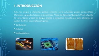 1.INTRODUCCIÓN
Todos los cuerpos o elementos químicos existentes en la naturaleza poseen características
diferentes , agrupadas todas en la denominada “Tabla de Elementos Químicos”. Desde el punto
de vista eléctrico , todos los cuerpos simples o compuestos formados por estos elementos se
pueden dividir en tres amplias categorías:
• Conductores
• Aislantes
• Semiconductores
2
 