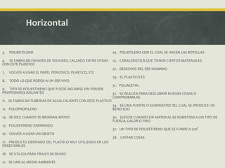 Horizontal
3. POLIBUTILENO
4. SE FABRICAN ENVASES DE YOGURES, CALZADO ENTRE OTRAS
CON ESTE PLASTICO
7. VOLVER A USAR EL PAPEL PERIODICO, PLASTICO, ETC
8. TODO LO QUE RODEA A UN SER VIVO
9. TIPO DE POLIESTIRENO QUE PUEDE MOJARSE SIN PERDER
PROPIEDADES AISLANTES
11. SE FABRICAN TUBERIAS DE AGUA CALIENTE CON ESTE PLASTICO
12. POLOPROPILENO
14. SE DICE CUANDO TE BRINDAN APOYO
15. POLIESTIRENO EXPANDIDO
16. VOLVER A USAR UN OBJETO
17. PRODUCTO DERIVADO DEL PLASTICO MUY UTILIZADO EN LOS
DESECHABLES
18. SE UTILIZA PARA TRAJES DE BUSEO
21. SE UNE AL MEDIO AMBIENTE
24. POLIETILENO CON EL CUAL SE HACEN LAS BOTELLAS
25. CARACERISTICA QUE TIENEN CIERTOS MATERIALES
27. DESECHOS DEL SER HUMANO
29. EL PLASTICO ES
31. POLIACETAL
32. SE REALIZA PARA DESCUBRIR NUEVAS COSAS O
COMPROBARLAS
34. ES UNA FUENTE O SUMINISTRO DEL CUAL SE PRODUCE UN
BENEFICIO
36. SUCEDE CUANDO UN MATERIAL ES SOMETIDO A UN TIPO DE
FUERZA, CALOR O FIRO
37. UN TIPO DE POLIESTIRENO QUE SE FUNDE A 270°
38. JUNTAR COSAS
 