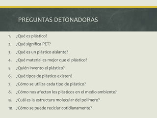 PREGUNTAS DETONADORAS
1. ¿Qué es plástico?
2. ¿Qué significa PET?
3. ¿Qué es un plástico aislante?
4. ¿Qué material es mejor que el plástico?
5. ¿Quién invento el plástico?
6. ¿Qué tipos de plástico existen?
7. ¿Cómo se utiliza cada tipo de plástico?
8. ¿Cómo nos afectan los plásticos en el medio ambiente?
9. ¿Cuál es la estructura molecular del polímero?
10. ¿Cómo se puede reciclar cotidianamente?
 
