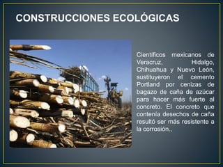 CONSTRUCCIONES ECOLÓGICAS
Científicos mexicanos de
Veracruz, Hidalgo,
Chihuahua y Nuevo León,
sustituyeron el cemento
Portland por cenizas de
bagazo de caña de azúcar
para hacer más fuerte al
concreto. El concreto que
contenía desechos de caña
resultó ser más resistente a
la corrosión.,
 