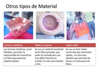 Otros tipos de Material
Laminas metálicas Tejido en espiral Tejido radial
Las laminas metálicas, al ser
flexibles, permiten la
oportunidad de convertirse
en fibras para generar
objetos tejidos.
Se usa un material resistente
como fibra principal, que
pude ser anclado por uno
mas débil mientras se
enrolla. En este caso mecate
e hilo.
Se usa un telar radial,
construido por elementos
rígidos, en esta caso
alambre que permite dar
forma a la estructura de
fibras.
 