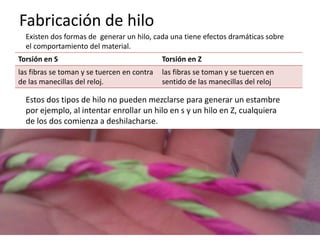 Fabricación de hilo
Torsión en S Torsión en Z
las fibras se toman y se tuercen en contra
de las manecillas del reloj.
las fibras se toman y se tuercen en
sentido de las manecillas del reloj
Existen dos formas de generar un hilo, cada una tiene efectos dramáticas sobre
el comportamiento del material.
Estos dos tipos de hilo no pueden mezclarse para generar un estambre
por ejemplo, al intentar enrollar un hilo en s y un hilo en Z, cualquiera
de los dos comienza a deshilacharse.
 