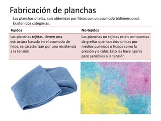 Fabricación de planchas
Las planchas o telas, son obtenidas por fibras con un acomodo bidimensional.
Existen dos categorías.
Tejidos No-tejidos
Las planchas tejidas, tienen una
estructura basada en el acomodo de
hilos, se caracterizan por una resistencia
a la tensión.
Las planchas no tejidas están compuestas
de greñas que han sido unidas por
medios químicos o físicos como la
presión y e calor. Esto las hace ligeras
pero sensibles a la tensión.
 