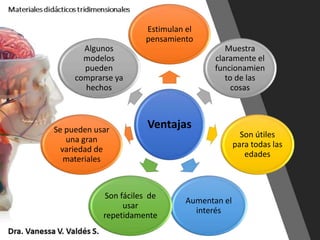Ventajas
Estimulan el
pensamiento
Muestra
claramente el
funcionamien
to de las
cosas
Son útiles
para todas las
edades
Aumentan el
interés
Son fáciles de
usar
repetidamente
Se pueden usar
una gran
variedad de
materiales
Algunos
modelos
pueden
comprarse ya
hechos
 