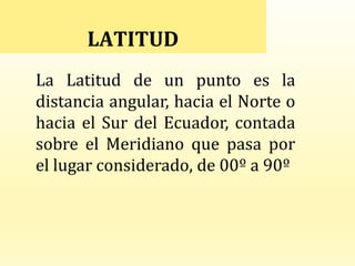 LATITUD
La Latitud de un punto es la
distancia angular, hacia el Norte o
hacia el Sur del Ecuador, contada
sobre el Meridiano que pasa por
el lugar considerado, de 00º a 90º
 