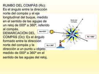 RUMBO DEL COMPÁS (Rc):
Es el ángulo entre la dirección
norte del compás y el eje
longitudinal del buque, medido
en el sentido de las agujas de
un reloj de 000º a 360º, referido
al compás.
DEMARCACIÓN DEL
COMPÁS (Dc): Es el ángulo
formado entre la dirección
norte del compás y la
dirección a un punto u objeto
medido de 000º a 360º en el
sentido de las agujas del reloj.
 