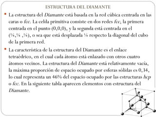 ESTRUCTURA DEL DIAMANTE La estructura del  Diamante  está basada en la red cúbica centrada en las caras o  fcc . La celda primitiva consiste en dos redes  fcc , la primera centrada en el punto (0,0,0), y la segunda está centrada en el (¼,¼ ,¼), o sea que está desplazada ¼ respecto la diagonal del cubo de la primera red.  La característica de la estructura del Diamante es el enlace tetraédrico, en el cual cada átomo está enlazado con otros cuatro átomos vecinos. La estructura del  Diamante  está relativamente vacía, la máxima proporción de espacio ocupado por esferas sólidas es 0,34, lo cual representa un 46% del espacio ocupado por las estructuras  hcp  o  fcc . En la siguiente tabla aparecen elementos con estructura del  Diamante .  