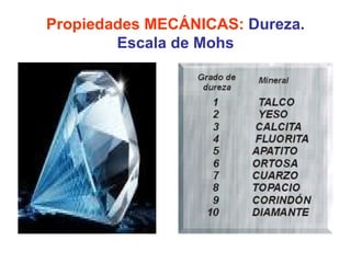 Propiedades MECÁNICAS: Dureza.
        Escala de Mohs
 