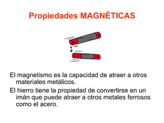 Propiedades MAGNÉTICAS




El magnetismo es la capacidad de atraer a otros
  materiales metálicos.
El hierro tiene la propiedad de convertirse en un
  imán que puede atraer a otros metales ferrosos
  como el acero.
 