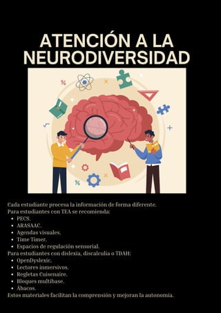 ATENCIÓN A LA
NEURODIVERSIDAD
Cada estudiante procesa la información de forma diferente.
Para estudiantes con TEA se recomienda:
PECS.
ARASAAC.
Agendas visuales.
Time Timer.
Espacios de regulación sensorial.
Para estudiantes con dislexia, discalculia o TDAH:
OpenDyslexic.
Lectores inmersivos.
Regletas Cuisenaire.
Bloques multibase.
Ábacos.
Estos materiales facilitan la comprensión y mejoran la autonomía.
 