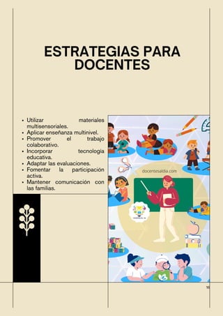 Utilizar materiales
multisensoriales.
Aplicar enseñanza multinivel.
Promover el trabajo
colaborativo.
Incorporar tecnología
educativa.
Adaptar las evaluaciones.
Fomentar la participación
activa.
Mantener comunicación con
las familias.
16
ESTRATEGIAS PARA
DOCENTES
 