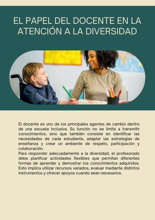 EL PAPEL DEL DOCENTE EN LA
ATENCIÓN A LA DIVERSIDAD
El docente es uno de los principales agentes de cambio dentro
de una escuela inclusiva. Su función no se limita a transmitir
conocimientos, sino que también consiste en identificar las
necesidades de cada estudiante, adaptar las estrategias de
enseñanza y crear un ambiente de respeto, participación y
colaboración.
Para responder adecuadamente a la diversidad, el profesorado
debe planificar actividades flexibles que permitan diferentes
formas de aprender y demostrar los conocimientos adquiridos.
Esto implica utilizar recursos variados, evaluar mediante distintos
instrumentos y ofrecer apoyos cuando sean necesarios.
 