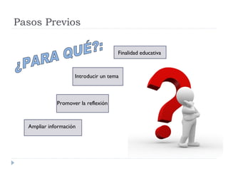 Pasos Previos
Finalidad educativa
Introducir un tema
Promover la reflexión
Ampliar información
 