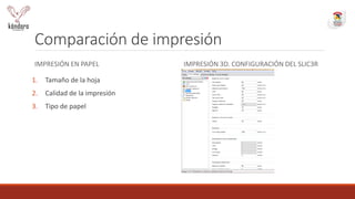 Comparación de impresión
IMPRESIÓN EN PAPEL
1. Tamaño de la hoja
2. Calidad de la impresión
3. Tipo de papel
IMPRESIÓN 3D. CONFIGURACIÓN DEL SLIC3R
 
