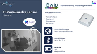 Tilstedeværelse sensor
- SWIPHERE
Tilstedeværelse og belægningsgradssensor
Driftstemperatur
-30° C til + 75 ° C
Batteri liv
5 år
Ikke udskiftelige
EMEA dækning Sigfox
Ingen roaming omkostninger
Indbyggede sensorer:
• Accelerometer
• Fugtighed
• Temperatur
• Pir-sensor
 