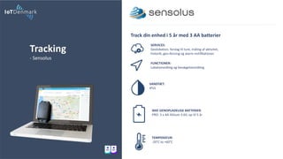 Tracking
- Sensolus
Track din enhed i 5 år med 3 AA batterier
SERVICES:
Geolokation, forslag til ture, måling af aktivitet,
historik, geo-fencing og alarm-notifikationer.
FUNCTIONER:
Lokationmåling og bevægelsesmåling.
VANDTÆT:
IP55
TEMPERATUR:
-20°C to +60°C
IKKE GENOPLADELIGE BATTERIER:
PRO: 3 x AA lithium 3.6V, op til 5 år
 