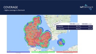 COVERAGE
- Sigfox coverage in Denmark
Udendørs (-142 dBm) Indendørs(-122 dBm)
Geografisk 99,7 % 90,4 %
Demografisk 99,3 % 87,2 %
 