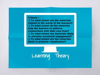 Learning Theory
5
Criteria :
 To what extent are the materials
related to the wants of the learners?
 To what extent do the materials
help the learners to achieve
connections with their own lives?
 To what extent are materials likely
to simulate emotional engagement?
 To what extent are the materials
likely to promote visualization?
 