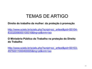 34
TEMAS DE ARTIGO
Direito do trabalho da mulher: da proteção à promoção
http://www.scielo.br/scielo.php?script=sci_arttext&pid=S0104-
83332006000100016&lng=pt&nrm=iso
O Ministério Público do Trabalho na proteção do Direito
do Trabalho
http://www.scielo.br/scielo.php?script=sci_arttext&pid=S0103-
49792011000400005&lng=pt&nrm=iso
 