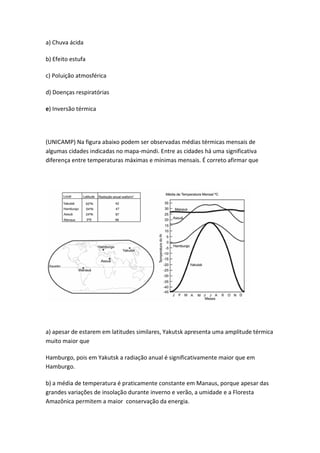 a) Chuva ácida

b) Efeito estufa

c) Poluição atmosférica

d) Doenças respiratórias

e) Inversão térmica




(UNICAMP) Na figura abaixo podem ser observadas médias térmicas mensais de
algumas cidades indicadas no mapa-múndi. Entre as cidades há uma significativa
diferença entre temperaturas máximas e mínimas mensais. É correto afirmar que




a) apesar de estarem em latitudes similares, Yakutsk apresenta uma amplitude térmica
muito maior que

Hamburgo, pois em Yakutsk a radiação anual é significativamente maior que em
Hamburgo.

b) a média de temperatura é praticamente constante em Manaus, porque apesar das
grandes variações de insolação durante inverno e verão, a umidade e a Floresta
Amazônica permitem a maior conservação da energia.
 