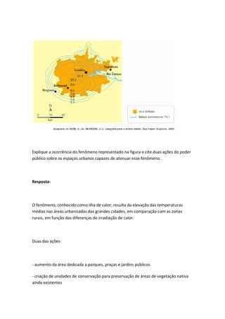 Explique a ocorrência do fenômeno representado na figura e cite duas ações do poder
público sobre os espaços urbanos capazes de atenuar esse fenômeno.




Resposta:




O fenômeno, conhecido como ilha de calor, resulta da elevação das temperaturas
médias nas áreas urbanizadas das grandes cidades, em comparação com as zonas
rurais, em função das diferenças de irradiação de calor.




Duas das ações:




- aumento da área dedicada a parques, praças e jardins públicos

- criação de unidades de conservação para preservação de áreas de vegetação nativa
ainda existentes
 