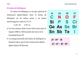 Tema 1. Fuerzas intermoleculares
15
El enlace de hidrógeno
El enlace de hidrógeno es un tipo especial de
interacción dipolo-dipolo entre el átomo de
hidrógeno de un enlace polar y un átomo
electronegativo como O, N o F.
A-H---B A-H--A
• Los tres átomos están en una línea recta, pero el
ángulo AHB (o AHA) puede desviarse de la
linealidad hasta 30º.
• La energía promedio del enlace de hidrógeno es
bastante mayor que la de la interacción dipolo-
dipolo (hasta 40 Kj/mol).
 