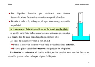 Tema 1. Fuerzas intermoleculares
19
• Los líquidos formados por moléculas con fuerzas
intermoleculares fuertes tienen tensiones superficiales altas.
• Debido al enlace de hidrógeno, el agua tiene una gran tensión
superficial.
La tensión superficial se manifiesta en forma de capilaridad.
La tensión superficial del agua provoca que esta capa se contraiga
y al hacerlo tira del agua hacia la parte superior del tubo.
Dos tipos de fuerzas provocan la capilaridad.
Una es la atracción intermolecular entre moléculas afines, cohesión.
La otra, que se denomina adhesión a las paredes del recipiente.
Si adhesión >> adhesión, el líquido subirá por las paredes hasta que las fuerzas de
atracción quedan balanceadas por el peso del líquido.
 