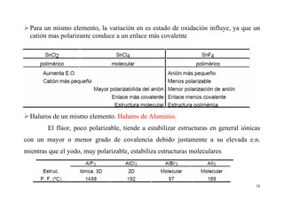18
Para un mismo elemento, la variación en es estado de oxidación influye, ya que un
catión mas polarizante conduce a un enlace más covalente
Haluros de un mismo elemento. Haluros de Aluminio.
El flúor, poco polarizable, tiende a estabilizar estructuras en general iónicas
con un mayor o menor grado de covalencia debido justamente a su elevada e.n.
mientras que el yodo, muy polarizable, estabiliza estructuras moleculares.
 