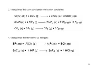 20
3.- Reacciones de óxidos covalentes con haluros covalentes.
4.- Reacciones de intercambio de halógeno
 