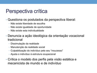 Perspectiva crítica
• Questiona os postulados da perspectiva liberal:
• Não existe liberdade de escolha
• Não existe igualdade de oportunidade
• Não existe esta individualidade
• Denuncia a ação ideológica da orientação vocacional
tradicional
• Dissimulação da realidade
• Manutenção da realidade social
• Culpabilização do indivíduo pelo seu “insucesso”
• Ajusta o indivíduo à estrutura ocupacional
• Crítica o modelo dos perfis pela visão estática e
mecanicista de mundo e de indivíduo
 