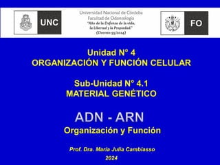 Unidad N° 4
ORGANIZACIÓN Y FUNCIÓN CELULAR
Sub-Unidad N° 4.1
MATERIAL GENÉTICO
ADN - ARN
Organización y Función
Prof. Dra. María Julia Cambiasso
2024
 
