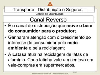 113
Canal Reverso
• É o canal de distribuição que move o bem
do consumidor para o produtor;
• Ganharam atenção com o crescimento do
interesse do consumidor pelo meio
ambiente e pela reciclagem;
• A Latasa atua na reciclagem de latas de
alumínio. Cada latinha vale um centavo em
vale-compras em supermercados.
Transporte , Distribuição e Seguros –
Canais de Distribuição
 