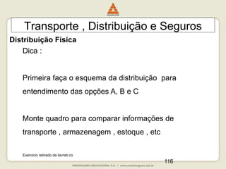 116
Transporte , Distribuição e Seguros
Dica :
Primeira faça o esquema da distribuição para
entendimento das opções A, B e C
Monte quadro para comparar informações de
transporte , armazenagem , estoque , etc
Exercicio retirado de lavrati.co
Distribuição Física
 