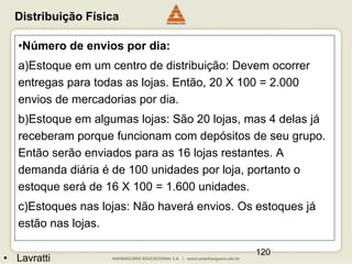 120
• Lavratti
•Número de envios por dia:
a)Estoque em um centro de distribuição: Devem ocorrer
entregas para todas as lojas. Então, 20 X 100 = 2.000
envios de mercadorias por dia.
b)Estoque em algumas lojas: São 20 lojas, mas 4 delas já
receberam porque funcionam com depósitos de seu grupo.
Então serão enviados para as 16 lojas restantes. A
demanda diária é de 100 unidades por loja, portanto o
estoque será de 16 X 100 = 1.600 unidades.
c)Estoques nas lojas: Não haverá envios. Os estoques já
estão nas lojas.
Distribuição Física
 